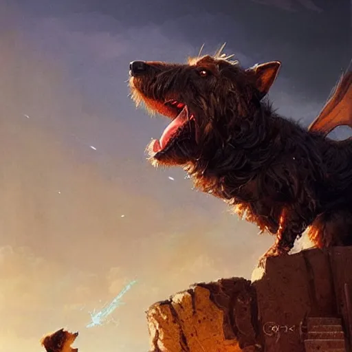 Image similar to a dog, a little terrier, looking up a huge dragon flying overhead, beautiful fantasy painting by greg rutkowski