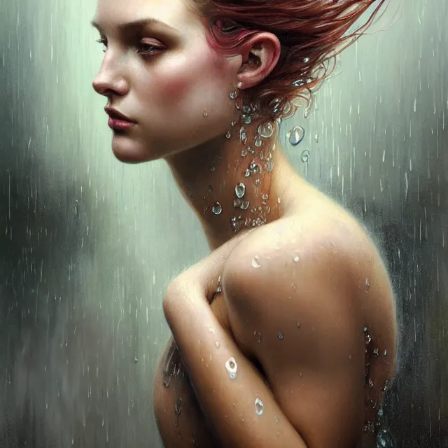 Prompt: bright portrait rain on face and wet hair, overhead lighting, fantasy, intricate, elegant, dramatic lighting, highly detailed, lifelike, photorealistic, digital painting, artstation, illustration, concept art, smooth, sharp focus, art by John Collier and Albert Aublet and Krenz Cushart and Artem Demura and Alphonse Mucha