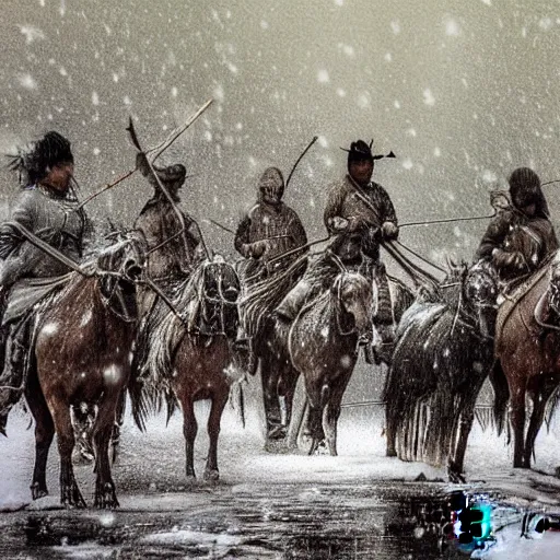 Image similar to digital art photograph savage plains indians on the warpath riding horses through a creek in a snow storm