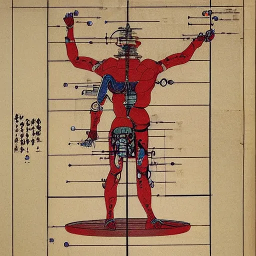 Image similar to a brilliantly colored Japanese scroll of an exploded diagram of a detailed engineering schematic of a cyborg samurai made by an AI in the pose vitruvian man in the style of jean giraud , post-processing , award winning, photo realistic, aged blood stains