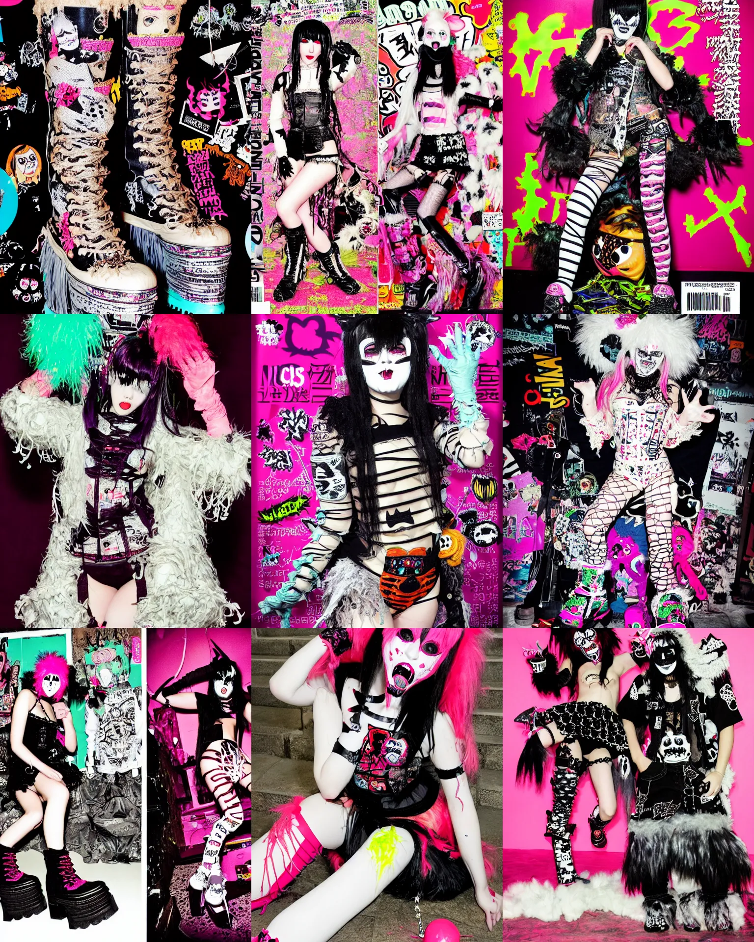 Prompt: photo of lace monster wearing ripped up dirty Swear kiss monster teeth yeti platform boots in the style of 1990's FRUiTS magazine by 20471120 in japan and in the style Rammellzee in the style of Ai Yazawa's Nana fashion by Gothic & Lolita Bible magazine and the style of CyberDog by Insane Clown Posse and emo scene style by Ryan Trecartin in the style of Dorian Electra by Rick Owens Undercover by Jun Takahashi in a dirty dark dark dark poorly lit bedroom full of trash and garbage server racks and cables everywhere in the style of Juergen Teller in the style of Shoichi Aoki, japanese street fashion, KEROUAC magazine, Walter Van Beirendonck W&LT 1990's, Milk Bar Magazine, Vivienne Westwood, y2K aesthetic