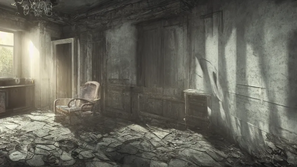 Image similar to A ghost in the shadows of a dark decrepit cottage, highly detailed interior, hyperrealistic, Lumion render, 8k UHD