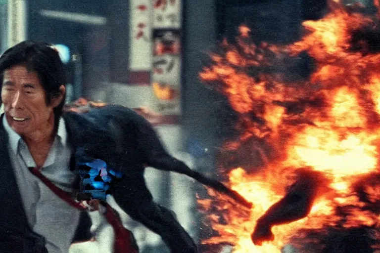 Image similar to cinematography action movie closeup portrait of a Japanese business man carrying his dog running from an explosion in Tokyo by Michael Bay