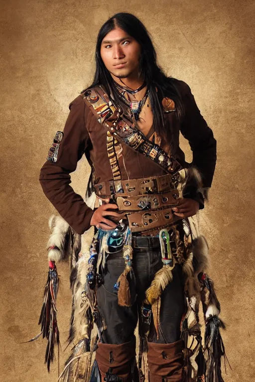 Image similar to young thin native American Indian man, wearing cargo buckskin jacket buckskin tactical toolbelt pockets bandolier full of trinket and baubles, steampunk arcane shaman, deadlands, weird west