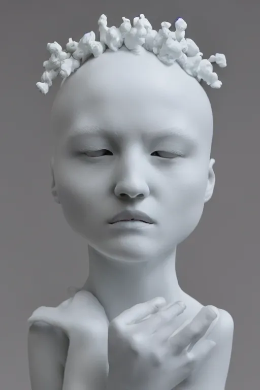 Prompt: full head and shoulders, beautiful female porcelain sculpture by daniel arsham and raoul marks and james jean, smooth, all white features on a white background, delicate facial features, white eyes, white lashes, detailed white 3 d skulls on head