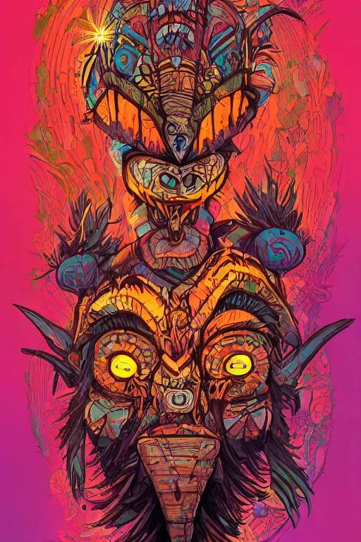 Image similar to totem animal tribal chaman vodoo mask feather gemstone plant wood rock video game illustration vivid color borderlands by josan gonzales and dan mumford radiating a glowing aura