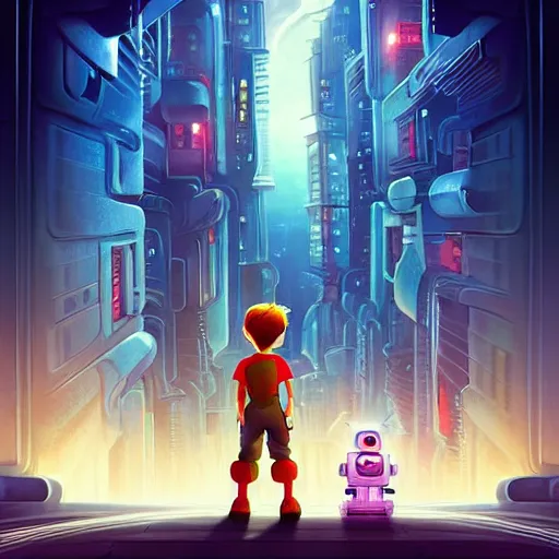 Prompt: film poster, novel cover art for a book, an adventurous boy and his small robot friend, futuristic city backgrond, eleborate composition with foreground and background, depth of field, fantasy illustration by kyoto studio, don bluth!!!, square enix, cinematic lighting