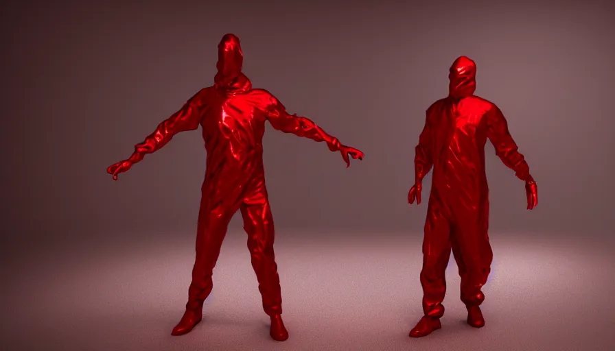 Prompt: invisible man wrapped in red sheet, actionpose, photorealistic rendering, raytracing, volumetric lighting, cloth simulation, reflections, darkness, high contrast