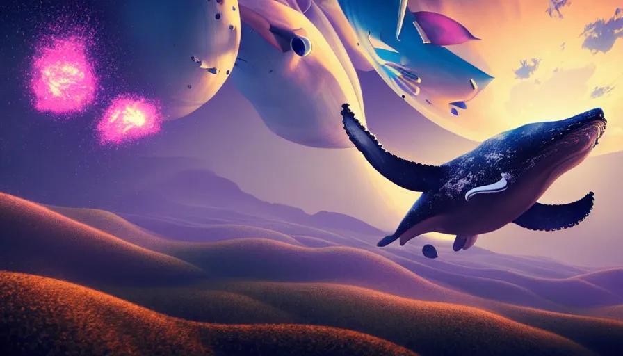 Prompt: highly detailed cinematic scifi render of a flying whale over the tuscany skies, cypresses and hills, stars and planets, hyper detailed, digital art, led lighting, studio quality, smooth render, unreal engine 5, octane render, trending on artstaion.