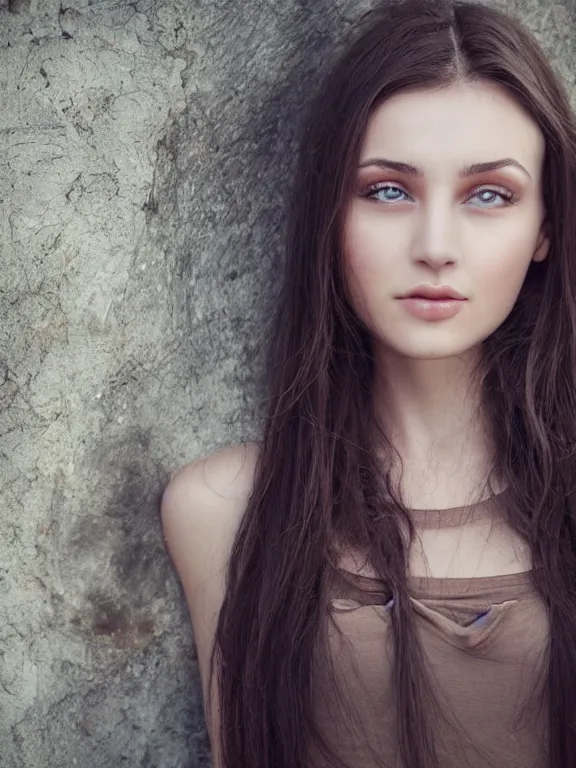 Image similar to hyperdetailed photo of a beautiful ukrainian girl, brown eyes, dark hair, winds of winter, with very tight t - shirt