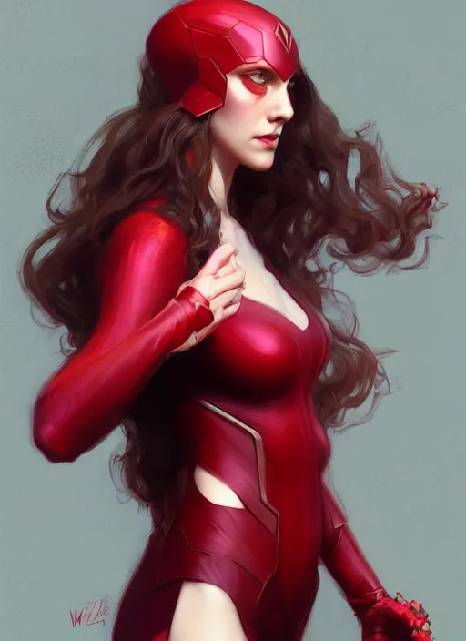 Image similar to Scarlet Witch, full body portrait, slight smile, highly detailed, digital painting, artstation, concept art, sharp focus, illustration, art by wlop and klimt and krenz cushart