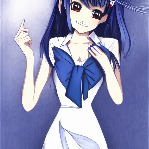 Image similar to a woman in a blue dress with a tie around her neck, an anime drawing by Jin Homura, featured on pixiv, lyco art, pixiv, anime, deviantart hd