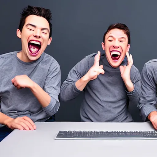 Image similar to several guys typing on keyboard while laughing very hard, mouth wide open tsticking tongues out, studio light, grey background, centered, photorealsitic