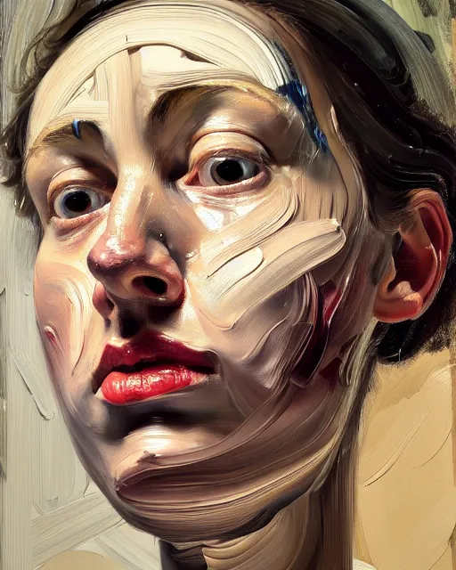 Image similar to a close up portrait a very ordinary young woman with a distracted expression, low angle, facing front, looking up, by Lucian Freud and Jenny Saville, oil painting, anatomically correct, beautiful perfect face, visible brushstrokes, sharp focus, Highly Detailed, Cinematic Lighting, 8k, HD