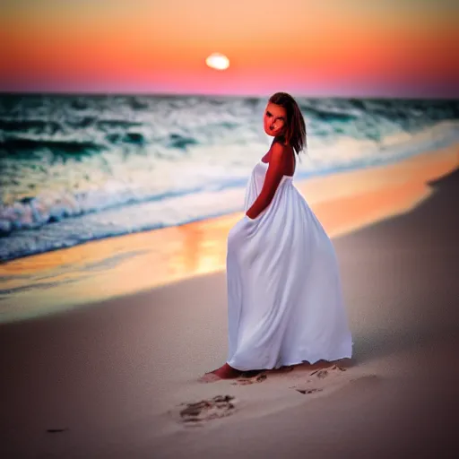 Image similar to a beautiful photograph of a woman in a white dress on the beach at sunset, by chris freilich