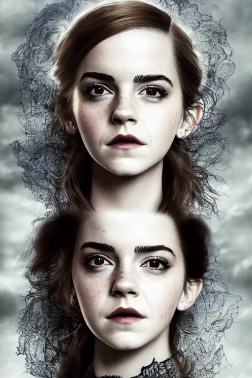 Image similar to a mix of of emma watson, anya taylor - joy and emma stone, evil sorceress witch, game of thrones scenes, hyperrealism, octane render, extremely detailed, intricate smoke magic, lace, style of mark ryden, earl nore, hyung tae, frank frazetta