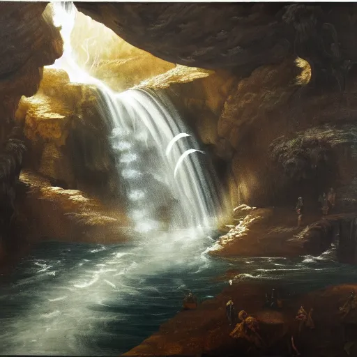 Image similar to oil painting of a dragon flying in the air near a cave with a waterfall in the center, light emanating from the waterfall leading to a big pool of water, dragon has black and white stripes, elegant, sharp focus, wide shot, clear, detailed, early renaissance