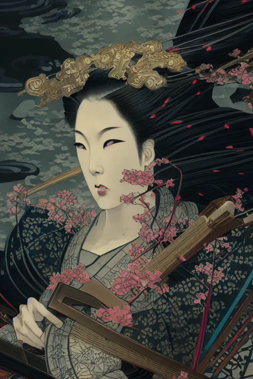 Image similar to beautiful Ukiyo-e and black magic and japanese and geisha female ninja portrait+shiny eyes+light flowing hair, in cyberpunk ruin tokyo temple, ultradetail face, art and illustration by tian zi and craig mullins and WLOP and alphonse mucha, fantasy, intricate complexity, human structure, fantasy world concept, watermark, blurry, hyperrealism 8k