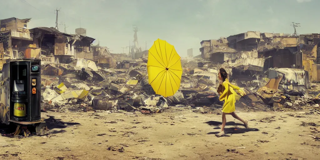 Image similar to incredible wide screenshot, ultrawide, simple watercolor, rough paper texture, backlit distant shot of girl in a parka running from a giant robot invasion side view, yellow parasol in deserted dusty junk town, broken vending machines