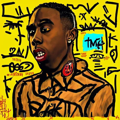 Image similar to tyler the creator album cover in the style of jean michel-basquiat