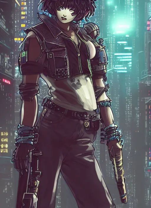 Image similar to character portrait of a female anthro hyena fursona with a cute beautiful attractive furry face and long black curly hair wearing a bulletproof vest in a cyberpunk city at night while it rains. hidari, color page, tankoban, 4K, tone mapping, Akihiko Yoshida.