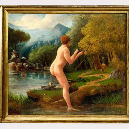 Prompt: painting fantasy nymph overlooking river as man fishes out giant chest full of gold