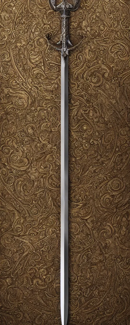 Image similar to sword of justice hanging on a wall, ornate gem in pommel, engraved blade, serrated point, herringbone floor, low angle, museum display, greg rutkowski