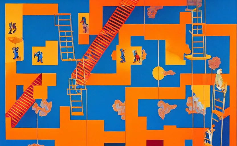 Image similar to chutes and ladders. detailed abstract painting by josef albers, by mc escher, by raqib shaw, japanese popsurrealism,