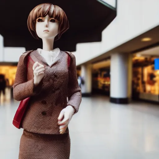 Prompt: a closeup portrait of woman walking in mall alone in style of 1990s, street photography seinen manga fashion edition, miniature porcelain model, focus on face, eye contact, tilt shift style scene background, soft lighting, Kodak Portra 400, cinematic style, telephoto