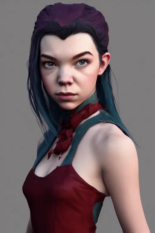 Prompt: Anya Taylor-Joy as a character from Arcane, Stylized 3D render, portrait, studio lighting, 8k, Trending on Artstation