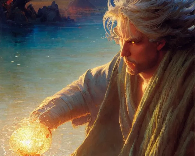 Image similar to attractive male wizard casting powerful giant tsunami spell in a beautiful lake. highly detailed painting by gaston bussiere, craig mullins, j. c. leyendecker 8 k