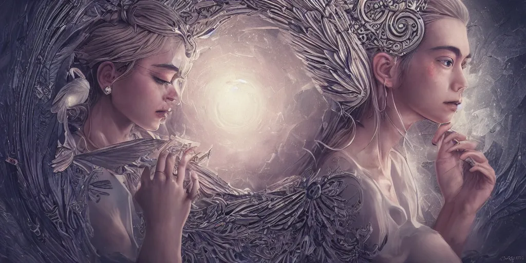 Image similar to hyperrealistic photography of a highly detailed and symmetrical gorgeous nordic female angel constructing a time machine in the style of Jin Kagetsu, James Jean and wlop, highly detailed, masterpiece, award-winning, sharp focus, intricate concept art, ambient lighting, 8k, artstation