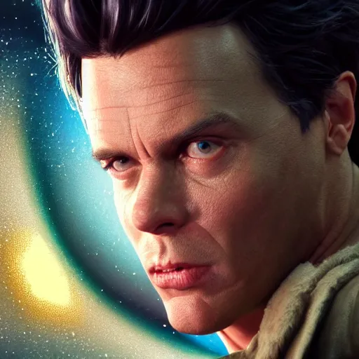 Image similar to hyperrealistic film still of ace ventura hiding in space, stunning 3 d render, inspired by istvan sandorfi & greg rutkowski & unreal engine, perfect facial symmetry, dim volumetric cinematic lighting, 8 k octane comprehensive render, extremely hyper - detailed, incredibly lifelike attributes, intricate, real flesh texture, masterpiece, artstation, stunning,