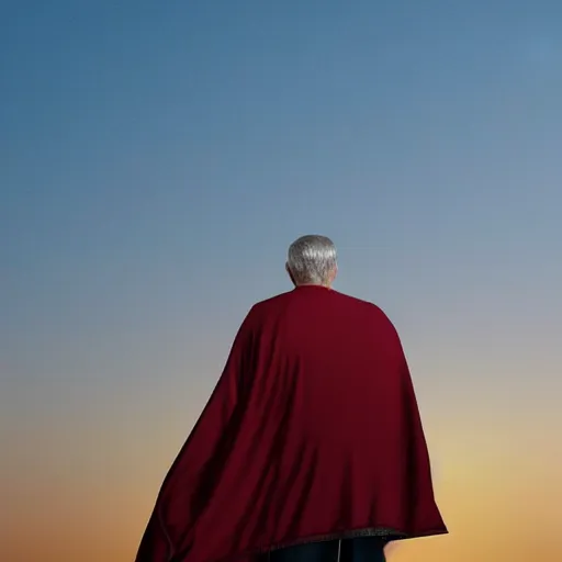 Image similar to extremely realistic elderly retired superman loose costume sad sighing alone looking at a sunset cape in the breeze