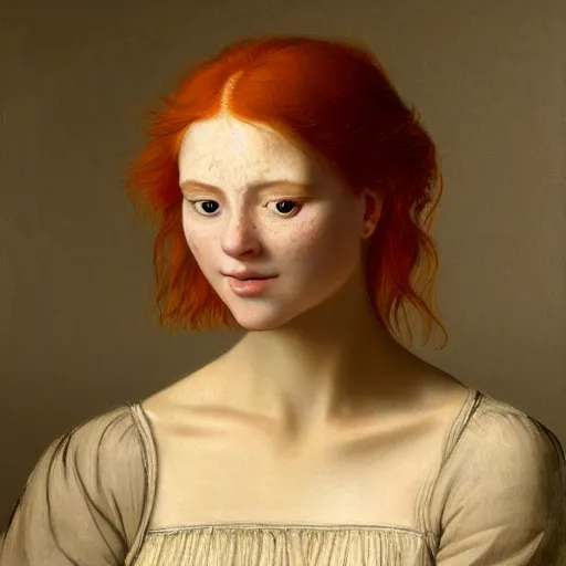 Image similar to portrait of a red haired girl, long hair, green eyes, hint of freckles, beautiful round face, soft amazed smiles, among golden fireflies, highly detailed, deep focus, elegant, digital painting, smooth, sharp focus, golden ratio, illustration, ultra realistic, 8 k, art by artemisia lomi gentileschi and elisabeth vigee le brun