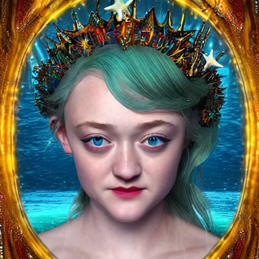 Image similar to dakota fanning portrait, fantasy, mermaid, hyperrealistic, game character, underwater, highly detailed, sharp focus, cinematic lighting, pearls, glowing hair, shells, gills, crown, water, highlights, starfish, jewelry, realistic, digital art, pastel, magic, fiction, ocean, king, colorful hair, sparkly eyes, fish, heroic, goddess, waves, bubbles, queen