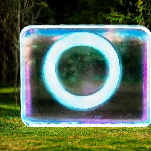 Image similar to a pastel colour Polaroid photo of large smiley face sign made of transparent iridescent perspex stood in a field, nostalgic