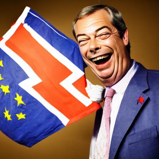 Image similar to nigel farage laughing holding burning eu flag, studio photograph, hd, studio