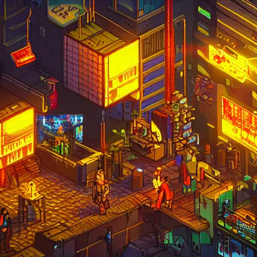 Image similar to fantastic lighting, pixel art, high detail , 16 bits, cyberpunk market, 2d