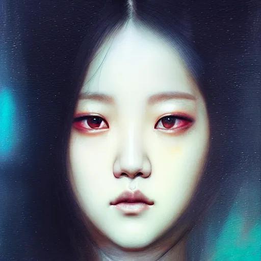 Image similar to jisoo of blackpink, hyperrealistic portrait, bladerunner street, by karol bak and agnes cecile, fantasy art, photo realistic, dynamic lighting, artstation, poster, volumetric lighting, very detailed face, intricate complexity, rule of thirds, 8 k, award winning, unreal engine