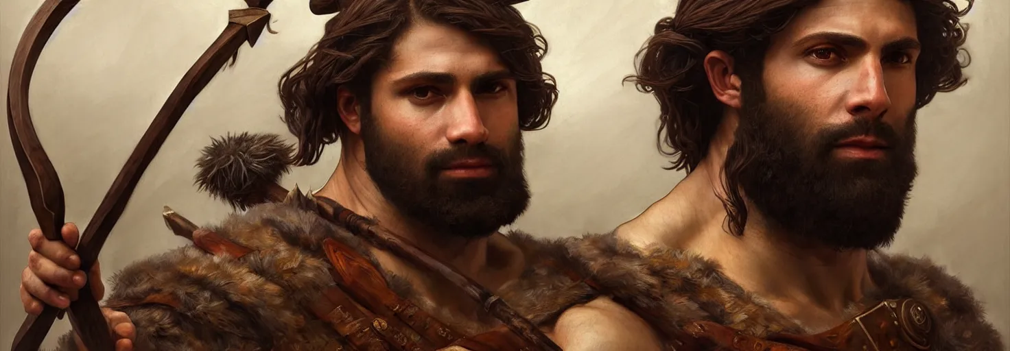 Image similar to renaissance upper body portrait of a gruff ranger with a spear, Persian, lean and toned, handsome face, hairy chest, D&D, intricate, elegant, highly detailed, digital painting, artstation, concept art, matte, sharp focus, illustration, art by da Vinci, Artgerm and Greg Rutkowski and Alphonse Mucha