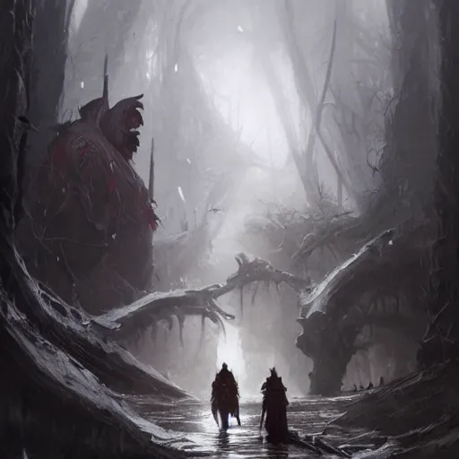 Image similar to abhorsen walking through river of death, oil painting, Tooth Wu, Greg Rutkowski, RPG portrait, dynamic lighting, fantasy art, High contrast, depth of field