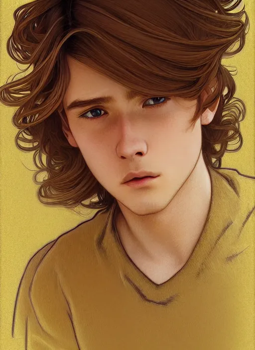 Image similar to pretty young man with shoulder length shiny shimmering golden blond hair, head down, shy, path traced, highly detailed, high quality, digital painting, by studio ghibli and alphonse mucha, leesha hannigan, disney