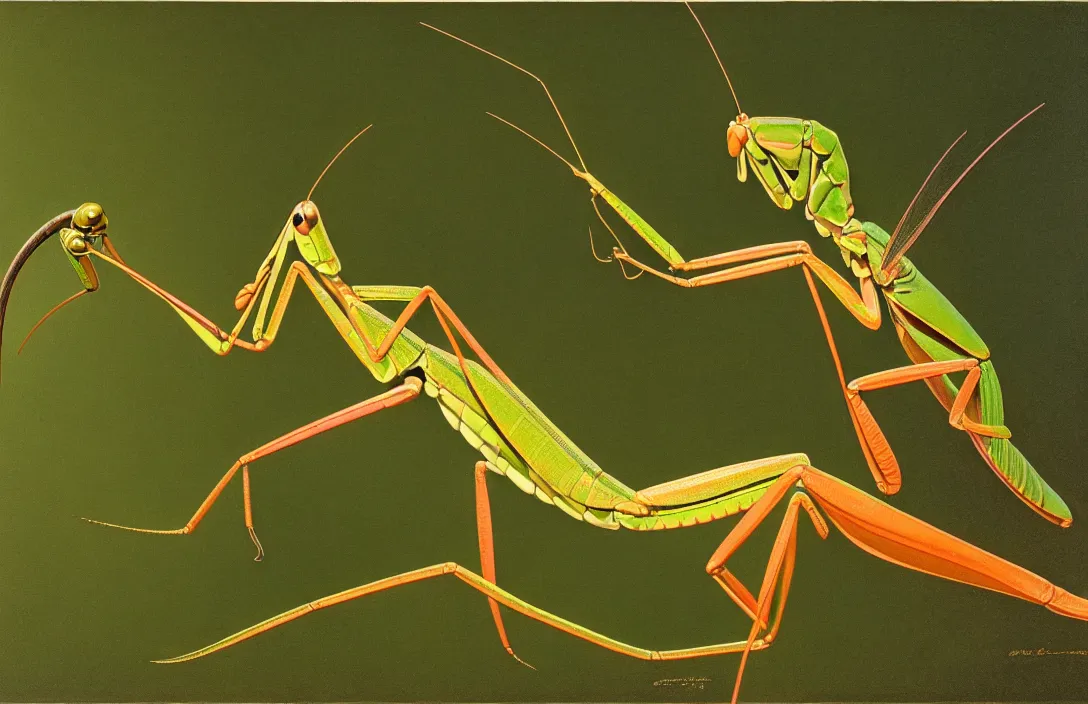 Image similar to implied lines, 4 k criterion collection remastered cinematography a praying mantis eating a dragonfly, photo realistic postprocessing interpolated by syd mead, claude gellee painting by james audubon