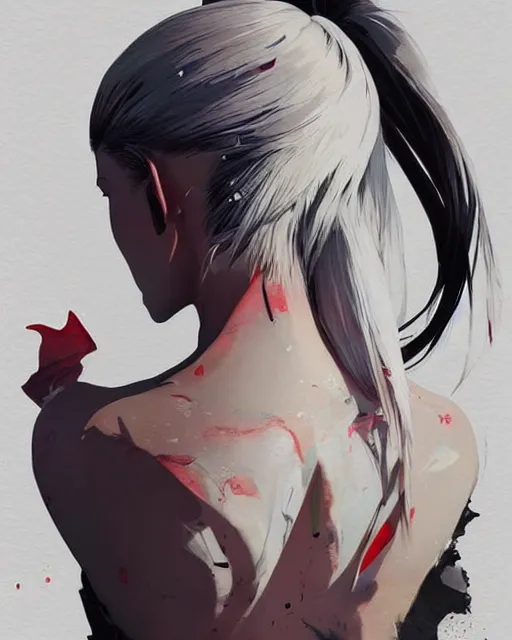 Image similar to a ultradetailed beautiful back painting of a stylish woman with white hair in a short pony tail, she is wearing jeans, by conrad roset, greg rutkowski and makoto shinkai trending on artstation