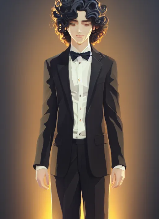 Image similar to young man with medium - length, curly, golden hair, perfectly proportioned face, aquamarine eyes, sweet smile, wearing a black suit, natural lighting, path traced, highly detailed, high quality, animation art, digital painting, by new haicheng and studio ghibli