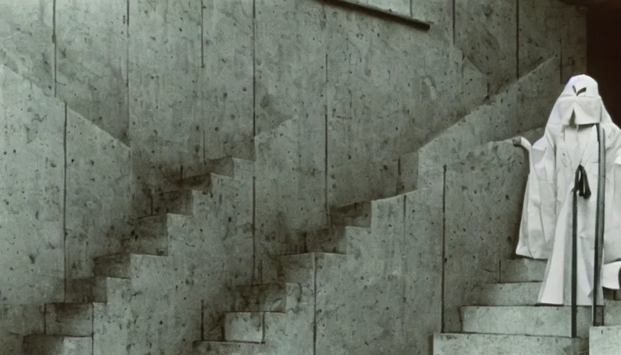 Image similar to 60s movie still of a white japanese female phantom bloody in infinite stairs, eastmancolor, heavy grain, high quality, higly detailed, liminal space