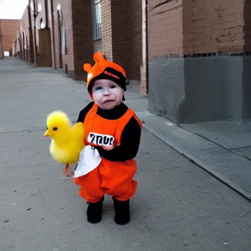 Prompt: cute baby chick dressed as an inmate, campau mike style