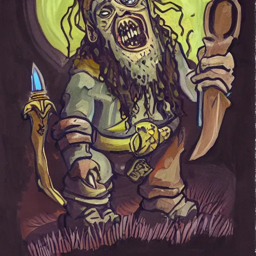 Image similar to gouache of a dwarf necromancer fixing up a zombie