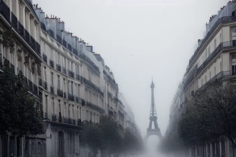 Prompt: paris street with lovecraftian monster in the sky, foggy, stranger things photo wide shot 3 5 mm